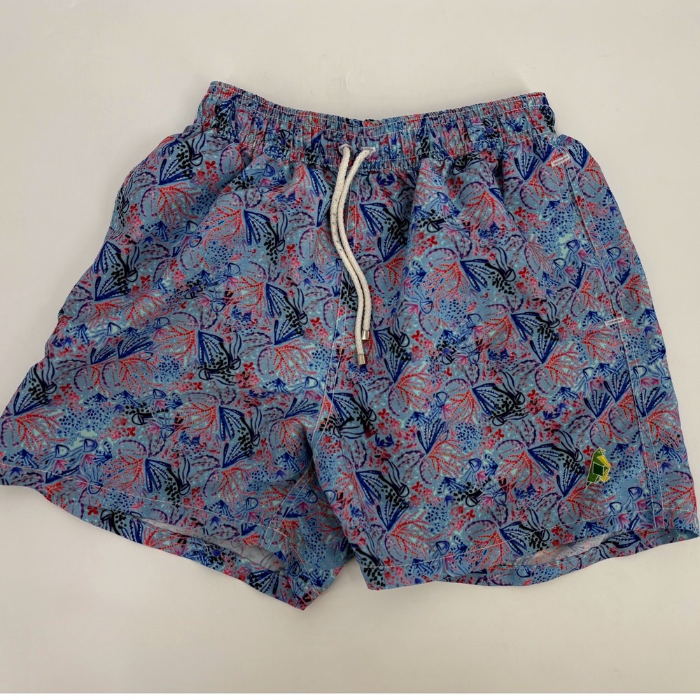Parakeet Mens Blue Coral Print Swim Trunks Mesh Lined Board Shorts Size 34